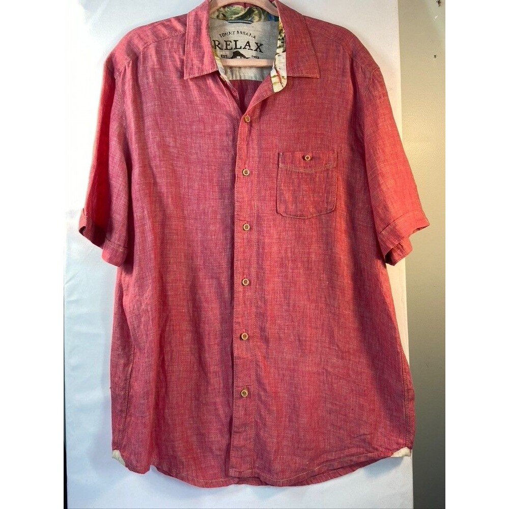 TOMMY BAHAMAS MENS LARGE 100% LINEN SHORT SLEEVE BUTTON UP RELAX SHIRT